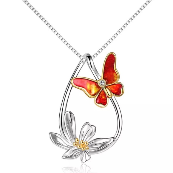 Butterfly Necklace Sterling Silver Teardrop Daisy Flower Butterfly Pendant